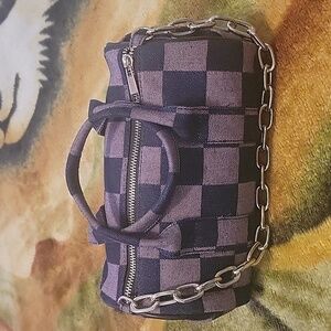 Dollskill plaid jean handheld purse with chain attached